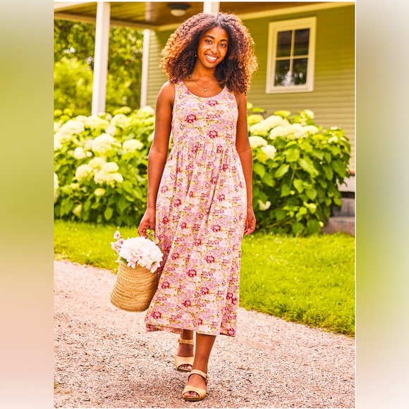 APRIL CORNELL Sz M Floral Pink Maxi Dress Jersey Knit Belted Unlined Scoop Neck - Picture 1 of 14